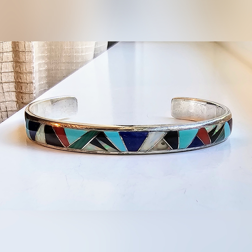 Navajo sterling silver, multi stone inlay cuff. Artist: Steve Fransico (SF) EUC